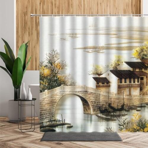 3D Chinese Style Ink Painting Shower Curtain Retro Architecture Stone Bridge Lotus Lake Scenery Bathroom Bath Curtain Waterproof