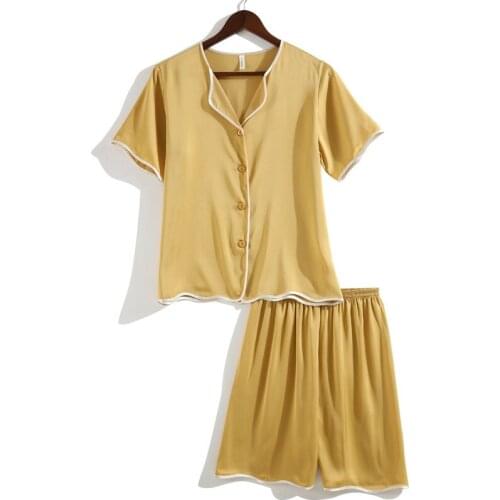 2021 Summer New Yellow 2PCS Sleep Suit Women Homewear Lounge Short Sleeve Shorts Pyjama Ice Silk Nightwear Loose Sleepwear