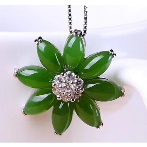 Natural 925 sterling silver inlaid hetian jasper jade sun fiower pendant simple retro temperament jewellery fashion for woman