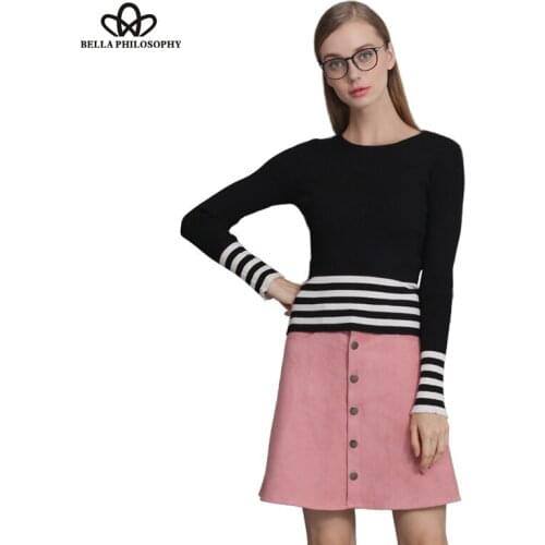 Bella Philosophy 2019 autumn winter new womens casual striped knitted pullover sweater black blue