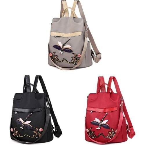 3D Dragonfly Embroidered Anti-Theft Ladies Backpack Nylon Student Backpack Casual Outdoor Travel Bag