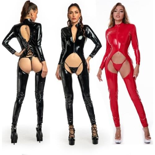Women Sexy Hollow Out Latex Catsuit PVC Faux Leather Wetlook Jumpsuit Hot Exotic Costume Lingerie PU Bodysuit Clubwear Overalls