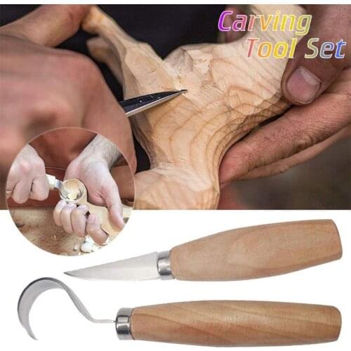 2Pcs/Set Stainless Steel Wood Carving Cutter Woodwork Sculptural DIY Wood Handle Spoon Hook Carving Knife Woodcut Art Craft Tool