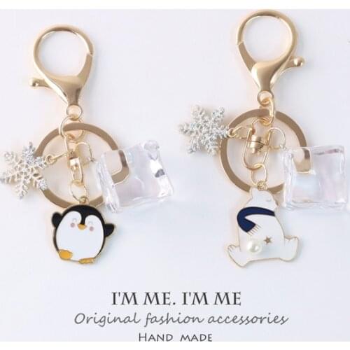 2021 Cute Penguin Polar Bear Snowman Ice Cube Gold Metal Keychain Key Chain Car For Women Bag Pendent D688