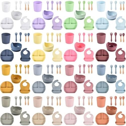 8 Pcs Baby Silicone Bib Divided Dinner Plate Sucker Bowl Spoon Fork Cup Set Training Feeding Food Utensil Dishes