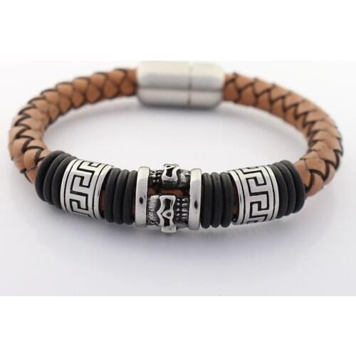 8MM Retro Genuine Leather Bracelet for Men Never Fade Stainless steel Skull Charms Bead Bangles Jewelry with Magnet Clasp