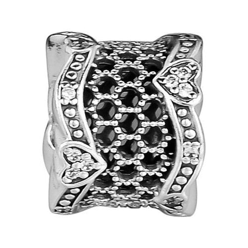 Lace of Love Spacer Beads for Charms Bracelets Women Sterling Silver 925 Jewelry Clear & Black CZ Charm Beads for Jewelry Making