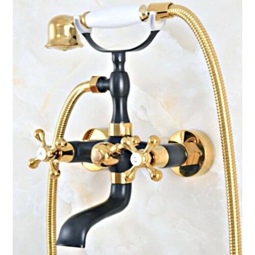 Black Gold Color Brass Wall Mount Bathroom Tub Faucet Dual Cross Handles Telephone Style Hand Shower Clawfoot Tub Filler ana460