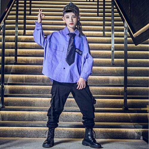 Modern Dance Suit For Kids Long Sleeve Purple Shirt Black Pants Kids Hip-Hop Clothes Children Street Dance Stage Costume DWY4737