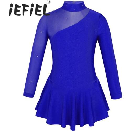 Kids Girls Long Sleeves Mock Neck Tulle Splice Cutouts Back Figure Ice Skating Roller Skating Ballet Dance Leotard Perform Dress