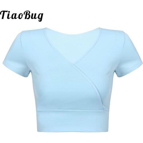 Women V Neck Short Sleeve Quick-Dry Slim Crop Top Exercise Fitness Yoga Sports Running Ballet Gymnastics Tops Adult Dancewear