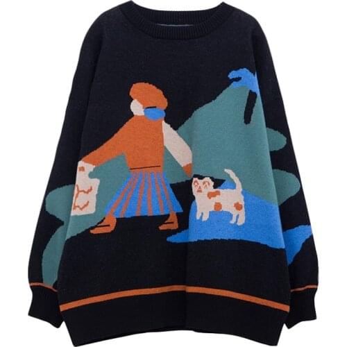 Autumn Design Casual Loose New Women Winter Pullover Sweaters Black Knit Jumpers Top Long Sleeve Cartoon Jacquard