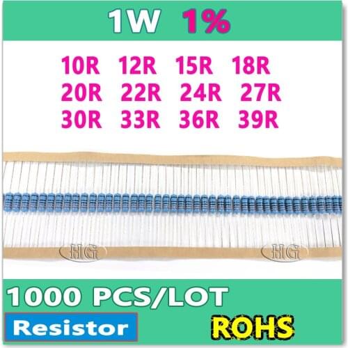 JASNPROSMA 1W 1000PCS/LOT 1% 10R 12R 15R 18R 20R 22R 24R 27R 30R 33R 36R 39R metal film DIP OHM Box packing