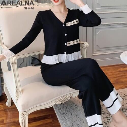 Korean Knitted Pants Set 2020 Chic two piece set women outfits Cardigan Tops Ruffled Sweater + Wide leg pants 2 Piece Set Female