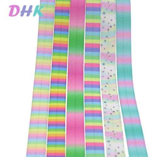 DHK 5/8'' 5yards gradient colors stripe printed Fold Elastic FOE stretch ribbon hairbow headwear headband DIY OEM E1719