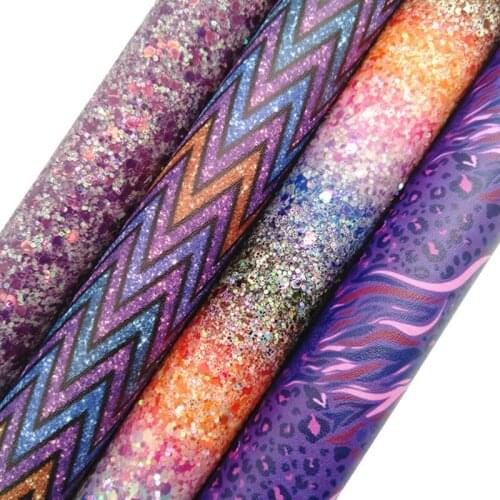 Purple Glitter leather, Arrows Leopard Flowers Printed synthetic leather Vinyl Faux Leather Sheets For Bows DIY 21x29CM KM789
