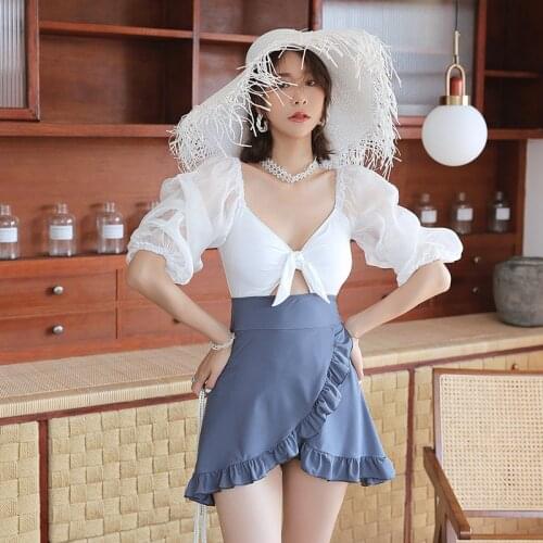 2021 New Korea Style One Piece Swimsuit Women Solid Swimwear Push Up Monokini Skirted Swim Suit Ruffle Trikini Pad Bathing Suit