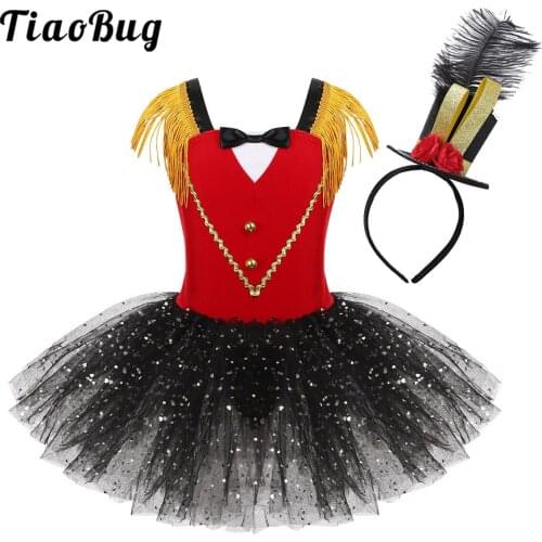 Girls Halloween Circus Ringmaster Costumes Tulle Tutu Dress Cosplay Party Carnival Performance Dancewear with Mini Top Hat