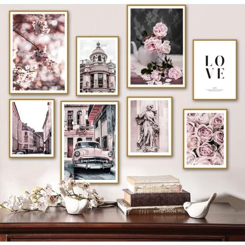 Street Rose Car Cherry Blossom Building Nordic Posters And Prints Wall Art Canvas Painting Wall Pictures For Living Room Decor