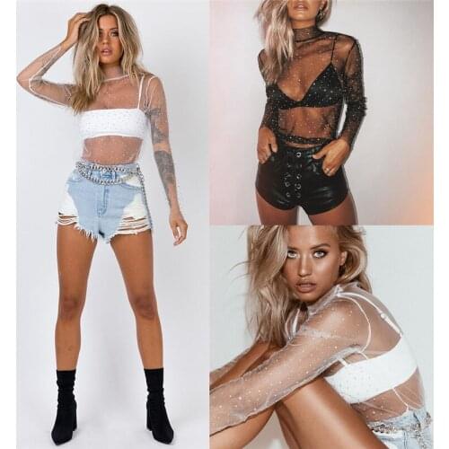 Sexy Womens See-through Crystal Rhinestone Sequins Glitter Lace Mesh Turtleneck Long Sleeve Blouse Bikini Cover Ups