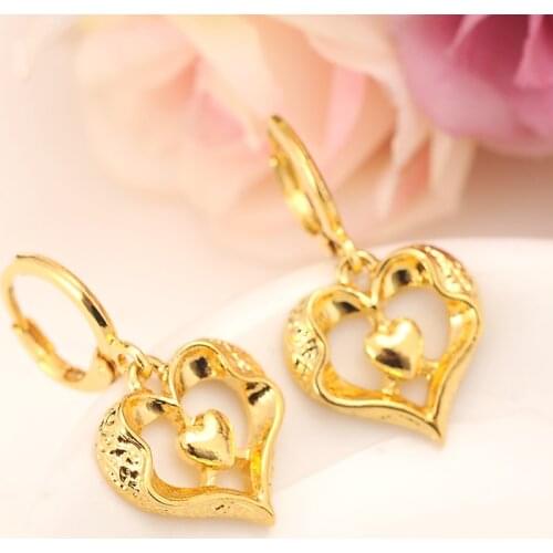 14 k Fine Gold Filled heart linked to heart Earrings Women/Girl,Love Trendy Jewelry for African/Arab/Middle Eastern