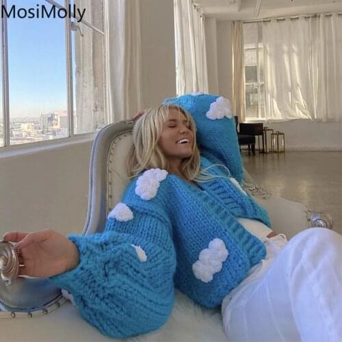 MosiMolly Handmade Sweater Cardigan Women Cool Sky Clouds Patchwork Sweater Jumper Knitting Coats Outerwear Caftans