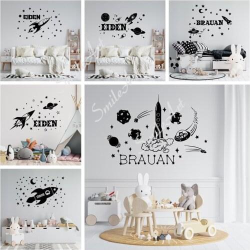 Fun Custom name Rocket spaceship Wall Sticker Pvc Removable For Kids Rooms Decoration Wall Art Sticker Murals