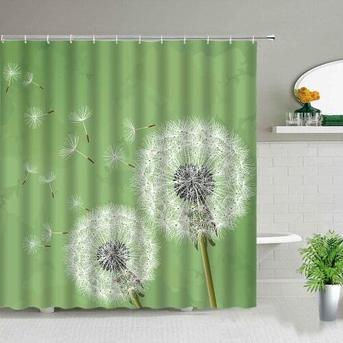 Green Background Cloth White Float Dandelion Pattern Shower Curtain Set Spring Scenery Floral Plant Bathroom Decor Bath Curtains