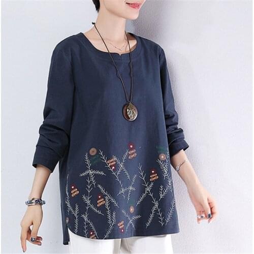 100% Cotton Tunic Women Blouse Long Sleeve Floral Print Ladies Tops Autumn Winter Basic Tee Shirt O Neck Loose Casual