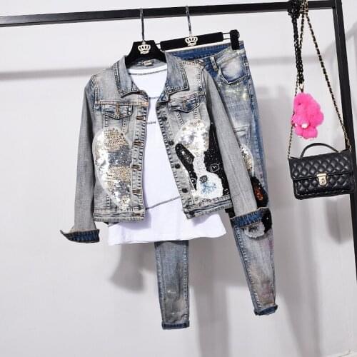 Women 2 Piece Set Fashion Cartoons Sequin Dog Denim Jacket Female Single Breasted Casual Little Feet Jeans Ladies Clothing H1019