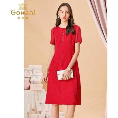 Gowani spring summer silk crew neck sheer short sleeve knee length waisted fit & flare A-line red dress