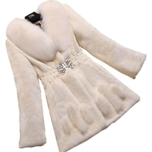 Most Popular Winter Outerwear Medium Length Coat Faux Fox Fur Collar Women Overcoat Fashion Imitation Water Mane Fur Fur Coat