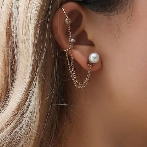 1 Side Elegant Imitation Pearl Ear Cuff Clip Long Chain Earrings Tassel Earrings for Women Punk Simple Jewelry Boucles Bijoux