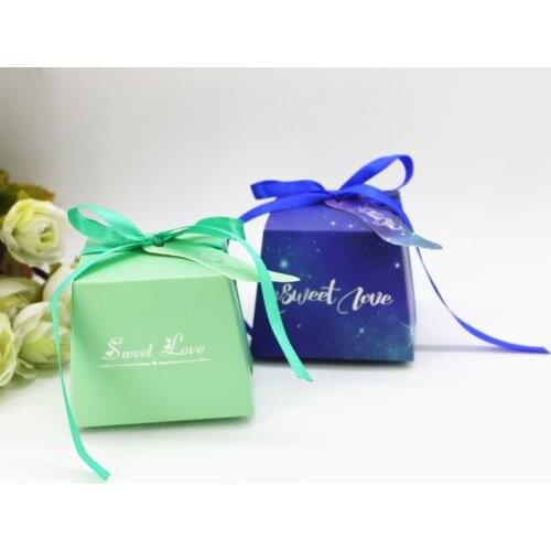 20pcs/lot Mint Green Sweet Love Heart Solid Color Wedding Decor Candy Box With Ribbon Card DIY Party Favor Starry Blue Gift Box