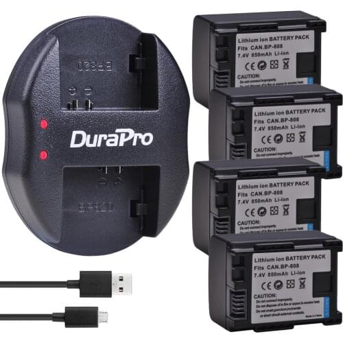 4PC BP-808 BP 808 Replacement Battery + Dual USB charger for Canon BP 827 809 819 808 HFS30 HFM41 HFM400 FS300 FS1 HF11 Camera
