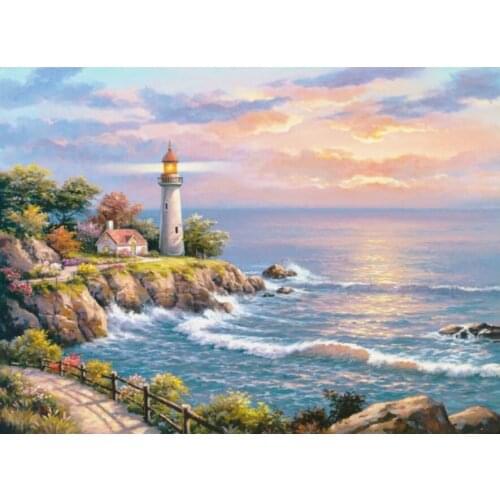 5D DIY Poured Glue Diamond Painting Kits Scalloped Edge Seascape Tower Full Drill Embroidery Landscape Rhinestone Decor Home Art