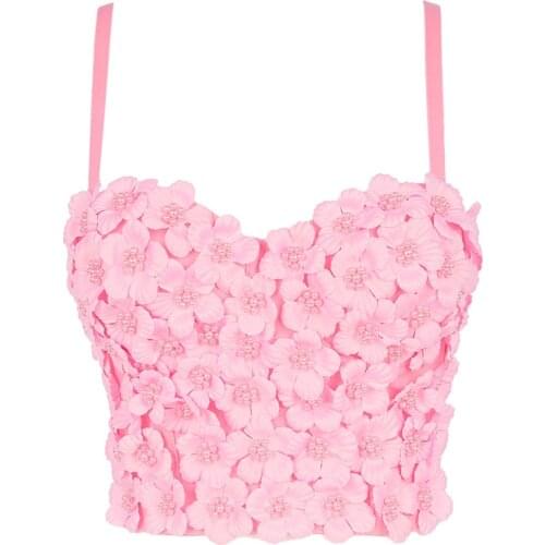 Atoshare Pink Pearl 3d Flower Corset Vintage Elegant Crop Top Bustier Bra Backless Camisole Festival Clothing