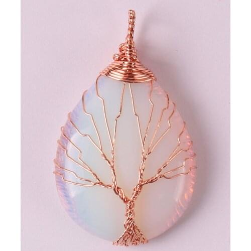 Free Shipping Tree of life Wire Wrap Natural stone Bead Light blue Opal Handmade Necklace Pendant Teardrop 1Pcs K2022