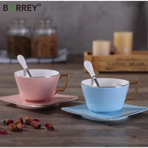BORREY Europe Coffee Cup Mug Ceramic Tea Cups And Saucer Sets Porcelain Coffee Cup With Spoon Office Coffee Tea Mug Gold Handle