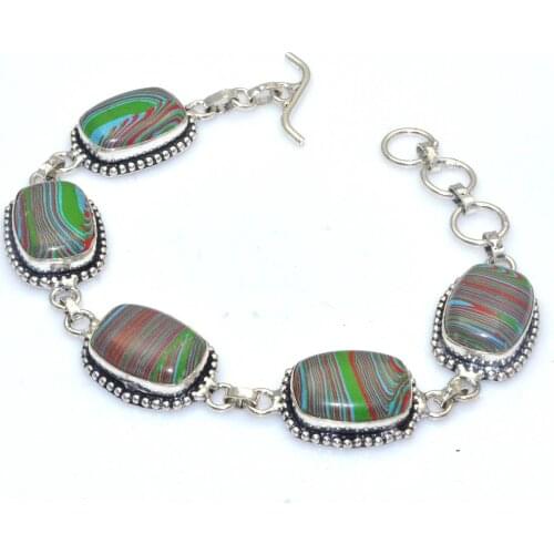 Genuine Rainbow Calsilica Bracelet Silver Overlay over Copper , women Jewelry gift 22 cm, B4270