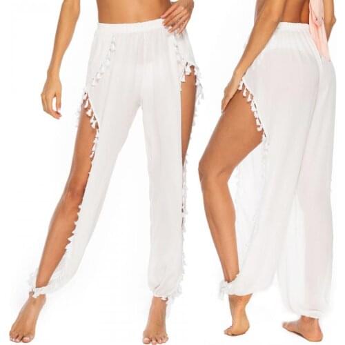 Summer Sexy Beach Pants Women Split Loose Chiffon Wide-leg Pants 2021 Fashion Vacation Solid Color Fringed Beam Casual Trousers