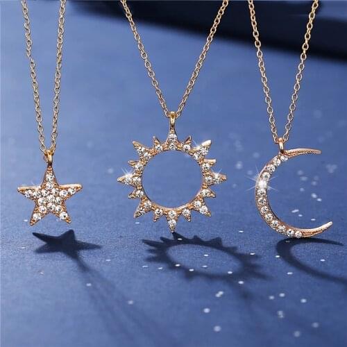 1/3Pcs Crystal Gold Pendant Necklaces For Women Girls Fashion Moon Star Sun Chain Necklace Charm Choker Jewelry Best Friend Gift