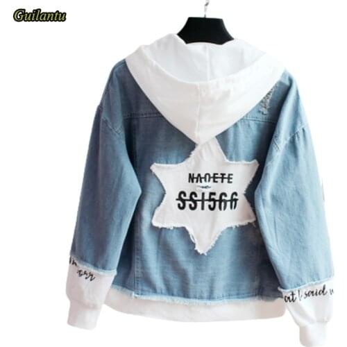 Guilantu Spring Autumn Letter Patchwork Denim Jacket Women Hooded Loose Casual High Street Streetwear Vintage Jeans Coat Female