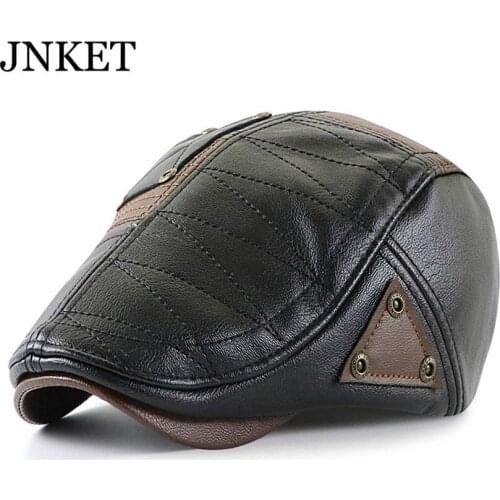 JNKET Autumn Winter New PU Leather Duckbill Cap Splicing Beret Hat Men Flat Cap Outdoor Windproof Waterproof Hat