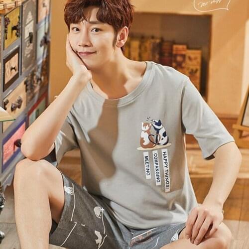 Men Summer Short Pajamas Set 2 Pieces Homewear Suit Pullover Tshirt+ Printed Shorts Sleepwear Thin Nightwear Pijama Corto Hombre