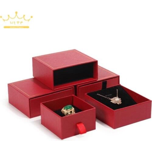 Red Gold Rim Filled Leather Paper Jewelry Packaging Jewelry Gift Box Ring Necklace Storage Box