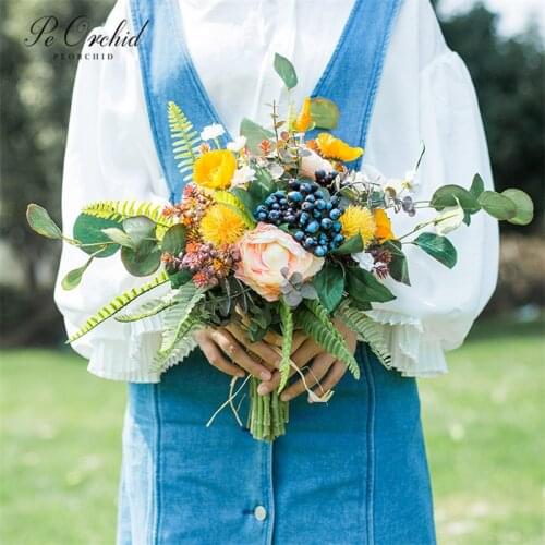 PEORCHID Colorful Summer&Fall Wedding Bouquet For Bride Bridesmaid Outdoor Artificial Berry Flowers Bouquet De Noiva 2019