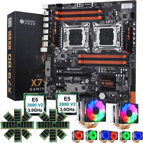 Discount HUANANZHI X79-8D dual X79 motherboard with M.2 SSD dual CPU Xeon E5 2690 V2 with coolers RAM 128G(8*16G) 1866MHz RECC