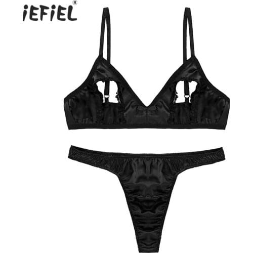 Gay Men Lingerie Bra Set Sissy Ruffles Wire-free Bra Top With Thong Panties Nightwear Hollow Out Nipples Sexy Babydoll Sleepwear