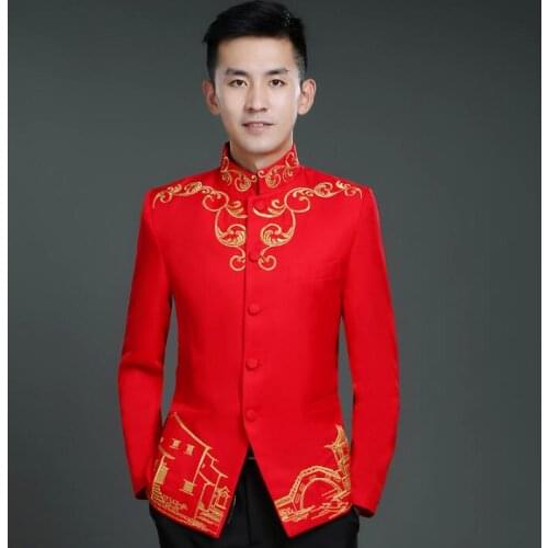 Mariag Chinese tunic suit mens groom wedding suits for men blazer boys prom suits slim masculino latest coat pant designs red